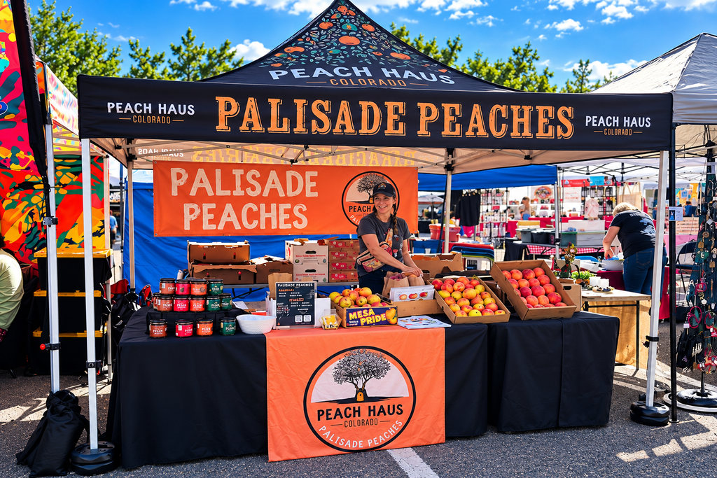 Peach Haus Colorado farmers market booth featuring fresh Palisade peaches in wooden crates, jars of peach jam, and a colorful Palisade Peaches display.