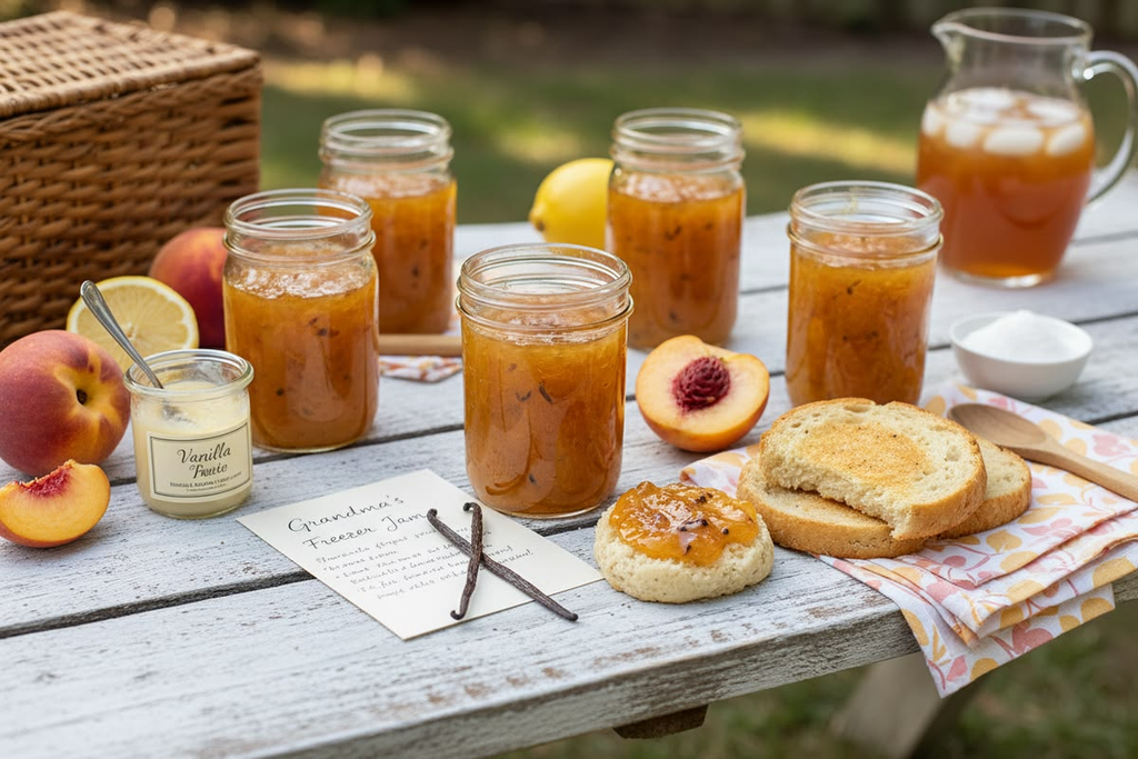 Homemade peach preserves in glass jars displayed on a rustic table with fresh peaches, vanilla, and toast topped with peach jam.