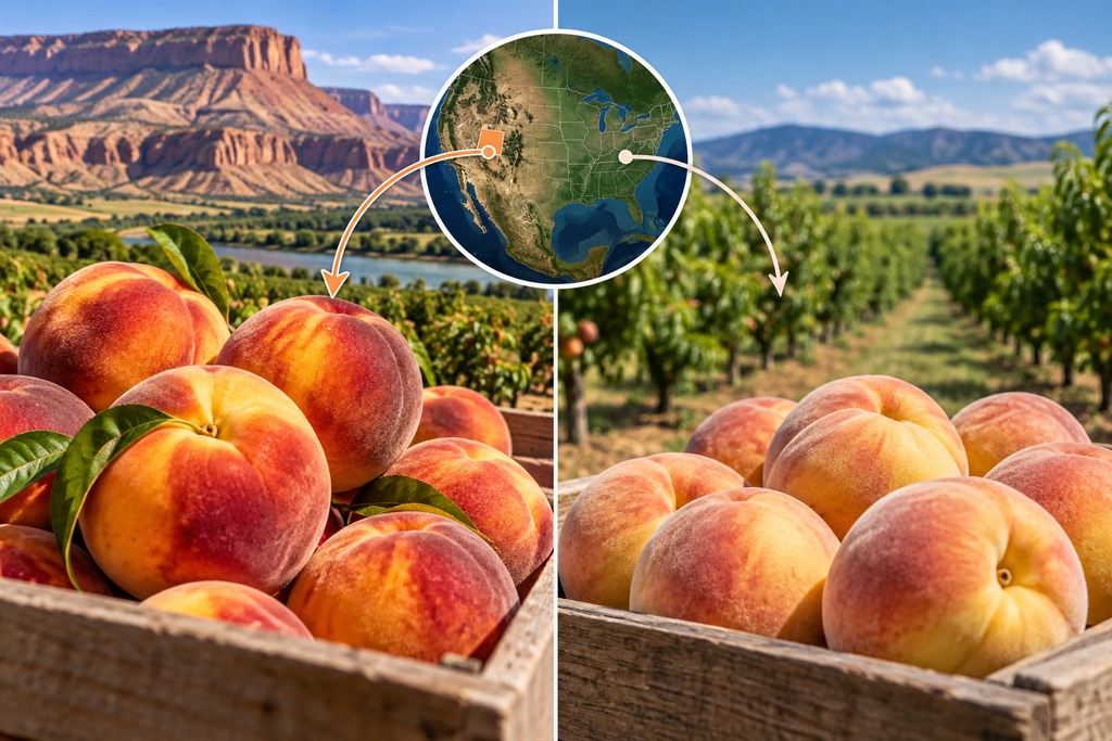 Palisade peaches vs. regular peaches comparison, featuring fresh peaches in wooden crates, Colorado orchards, and a map highlighting the Palisade growing region.